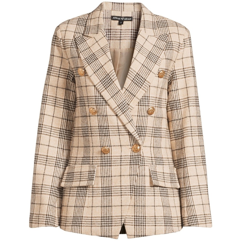 Attitude Unknown Womens Blazer Size L Rust Plaid Ponte Knit Stretch Jacket Lined